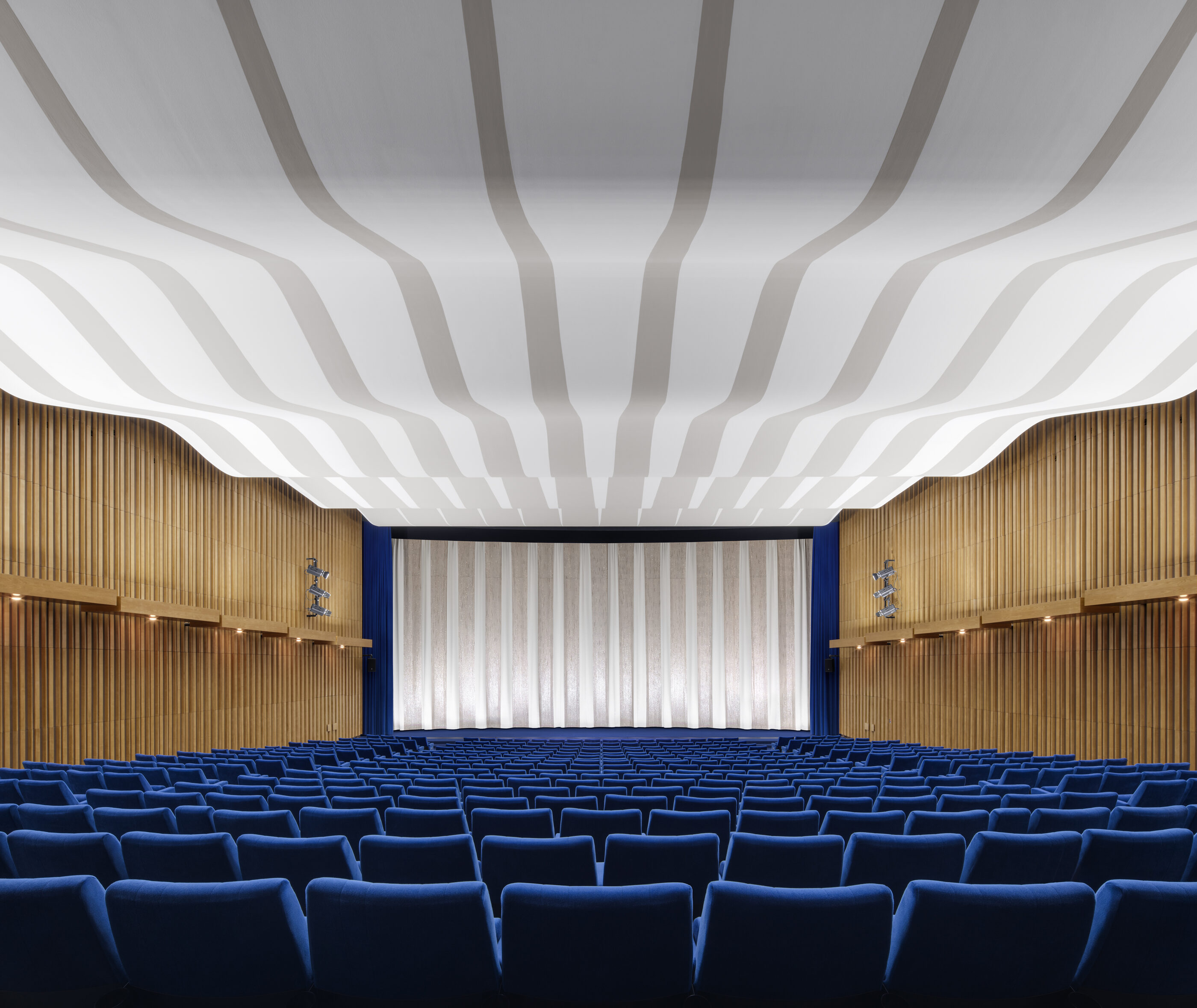 The auditorium of Kino International with 506 seats, gently raked stalls and wood-panelled walls